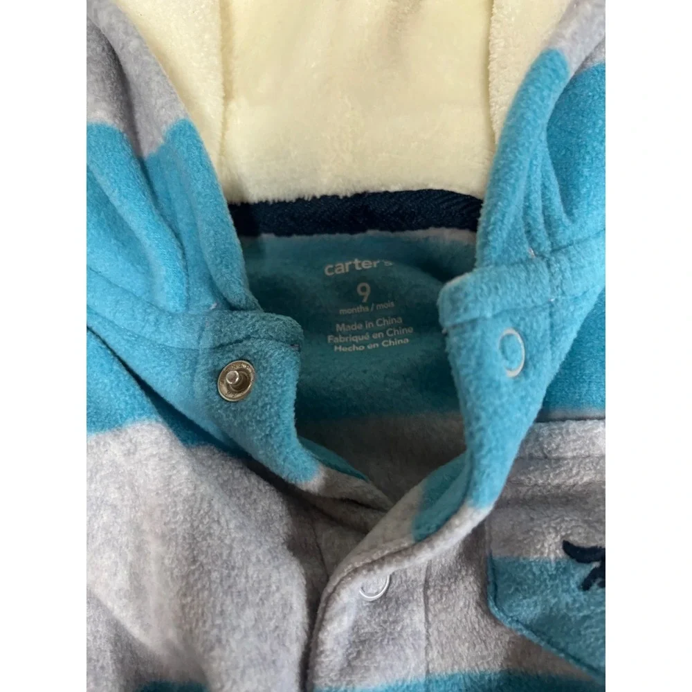 Carters Baby‎ Boys Blue Grey Striped Fleece Hooded Romper Jumpsuit 9 Months